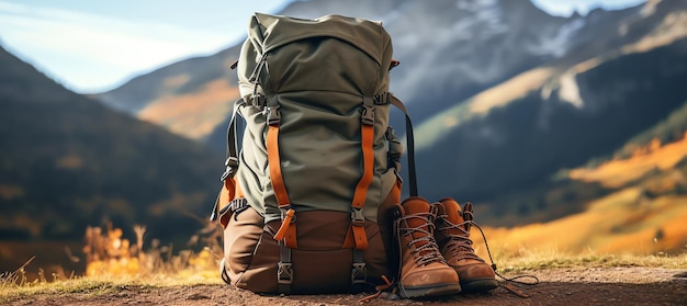 backpack and hiking shoes in the mountain hiker symbol AI generated image