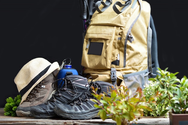 Backpack hiking with boots of mountain 