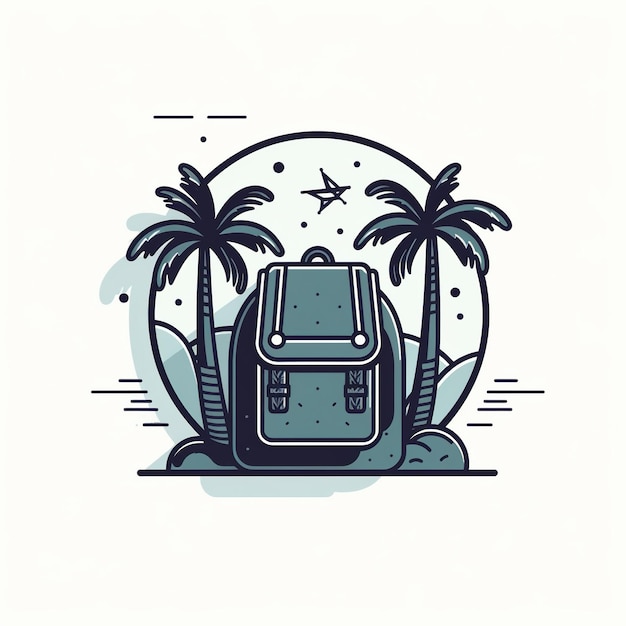 A backpack is on a beach with palm trees