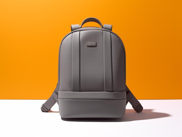 A backpack is shown against an orange background