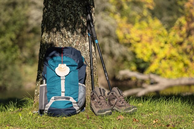 Photo backpack leaning against a tree boots and accessories of a pilgrim on his way to santiago de compostela camino de santiago concept