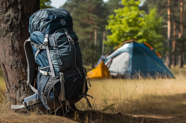 Backpack leaning against a tree with camping tent in distance