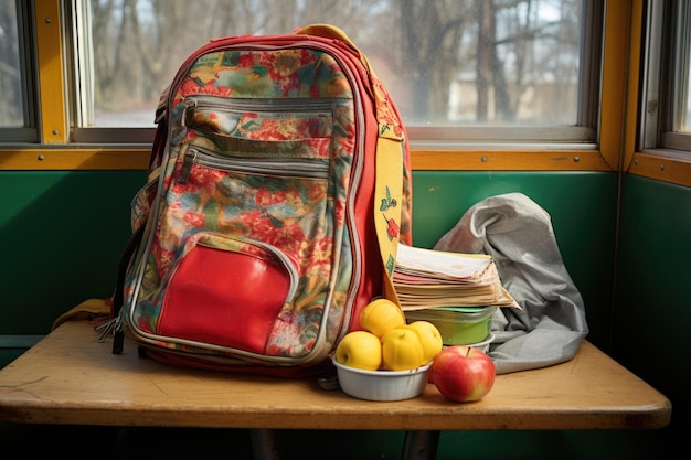 Backpack and lunchbox arranged on a school bus seat