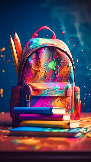 A backpack painted with bright colors on a dark background generative ai