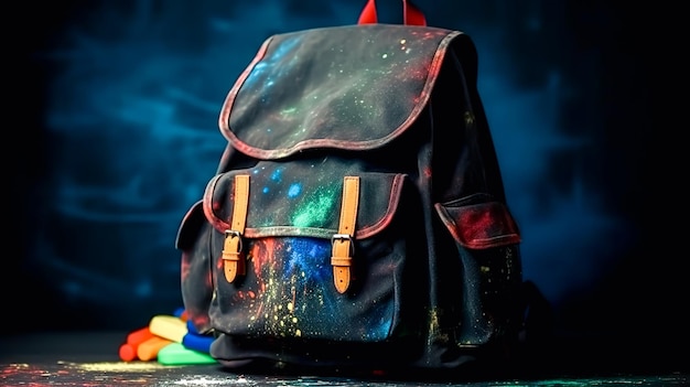 A backpack painted with bright colors on a dark background generative ai