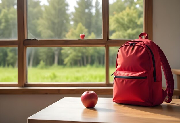 Photo a backpack and a red apple on a wooden table in front of a blurred background