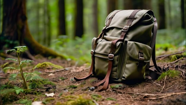 A backpack resting on the forest floor