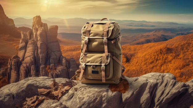 Backpack on a rock against a mountain background