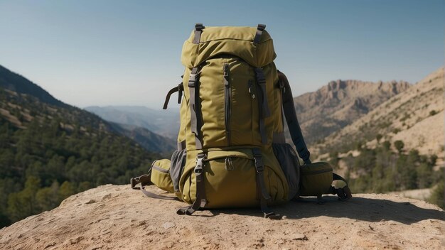 Backpack on a rock in front of mountain landscape