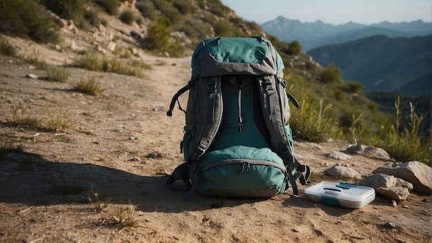 Backpack on a rock in front of mountain landscape