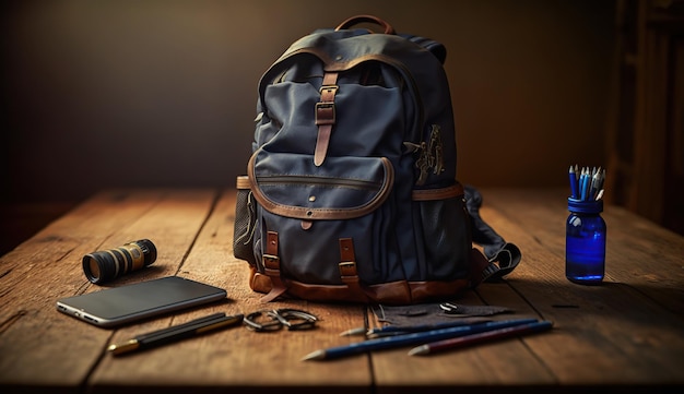 Backpack and school supplies on desk AI Generated