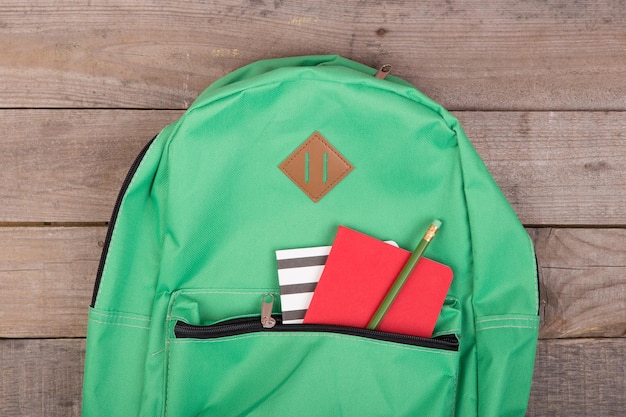 Backpack and school supplies notepad pencil on brown wooden table