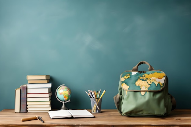 backpack and school supplies on wooden table with chalkboard background copy space