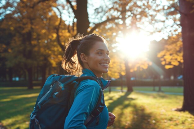 A backpack on the shoulders of an athlete going for a morning jog in the park smile woman