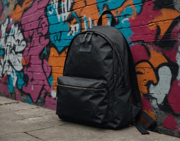 a backpack sits against a brick wall with graffiti on it