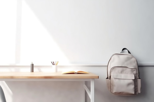 A backpack sits on a desk next to a book.