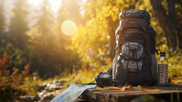 a backpack sits on a log in the woods