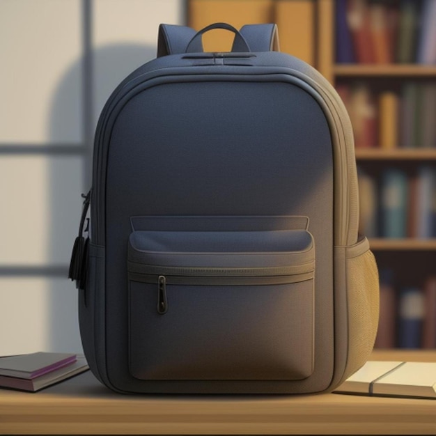 A backpack sits on a table with books and a book on the shelf