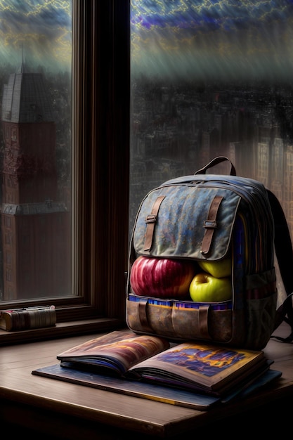 A Backpack Sitting On Top Of A Window Sill Next To An Open Book