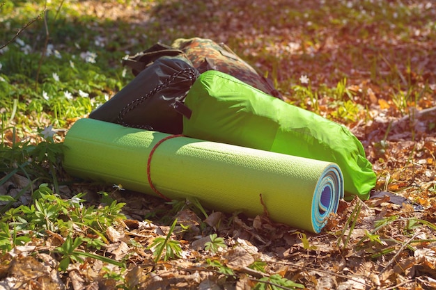 Backpack and sleeping pad in mountains on sunny day forest