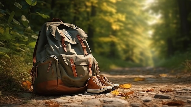 A backpack and sneakers on the way along the path in the forest