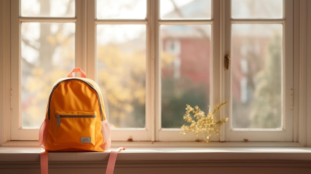 a backpack on the table next to a window