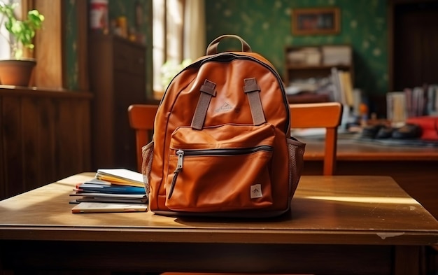 Backpack on the Table with School Supplies AI