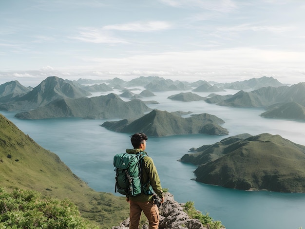 Backpack traveler man on the mountain looking at different green islands