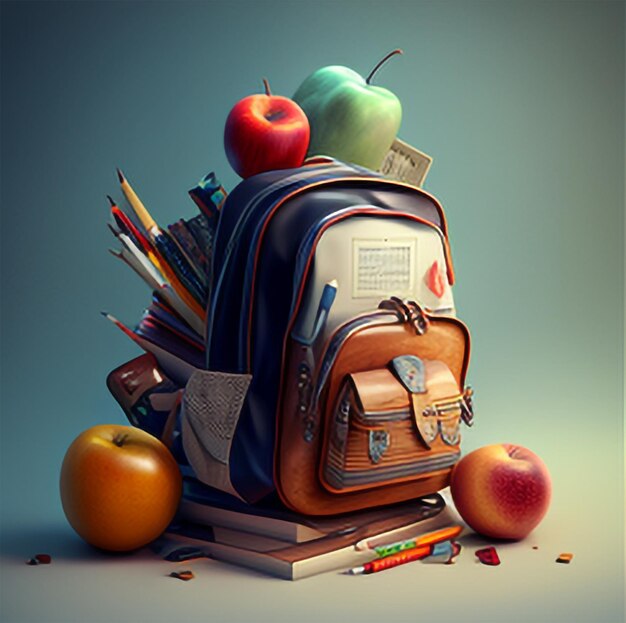 A backpack with a book and apple