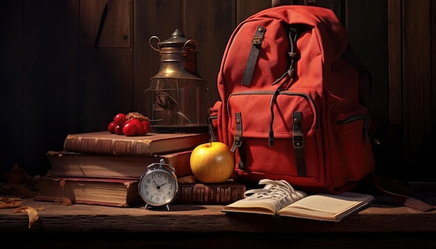 Backpack with books and school supplies on a desk