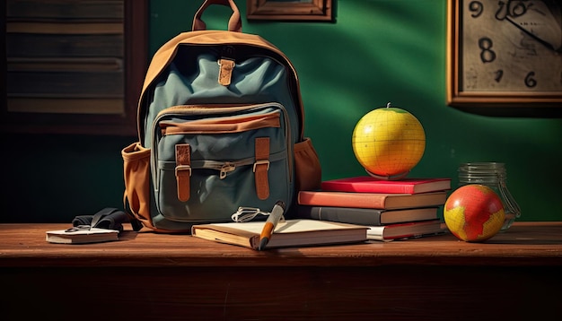 Backpack with books and school supplies on a desk