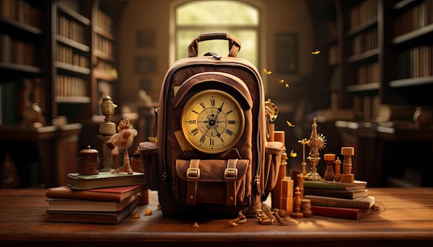 Backpack with books and school supplies on a desk