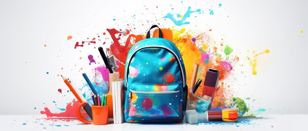 Backpack with bright school stationery on isolate background banner design Back to school concept
