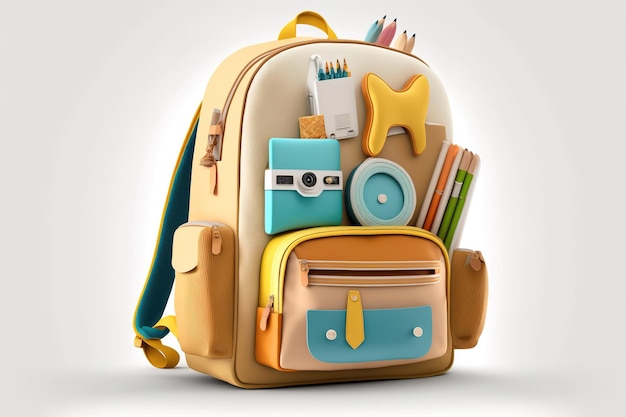 Backpack with children's design in beige white, on white background studio shoot