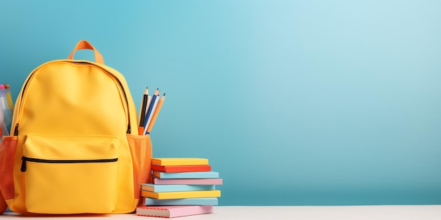 Backpack with different colorful stationery on table banner design on pastel background copy space