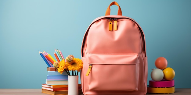 Backpack with different colorful stationery on table Banner design on pastel background Copy space