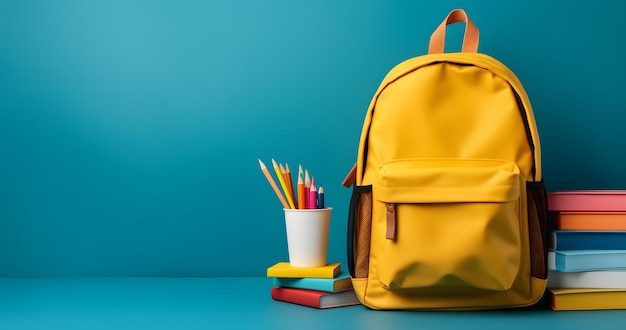 Backpack with different colorful stationery on table copy space background