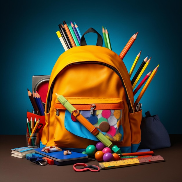 Backpack with different colorful stationery on table generative AI