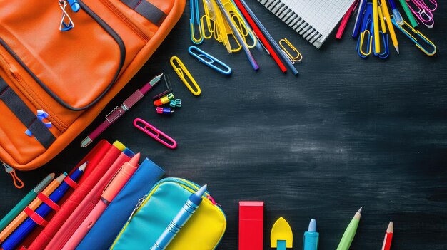 Backpack with different colorful stationery on table
