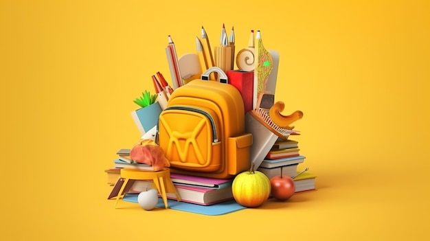 Backpack with different school stationery generative ai