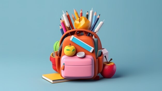 Photo backpack with different school stationery generative ai