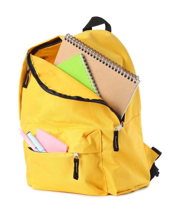Photo backpack with different school stationery isolated on white