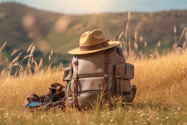 A backpack with a hat sits in a field