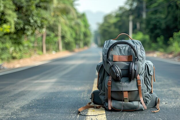 Backpack with headphones placed on the side of the road while waiting for a tripTravel concept