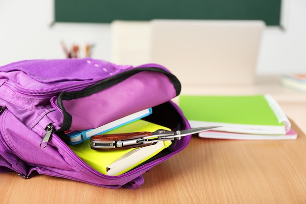 Backpack with knife in classroom close up Juvenile delinquency