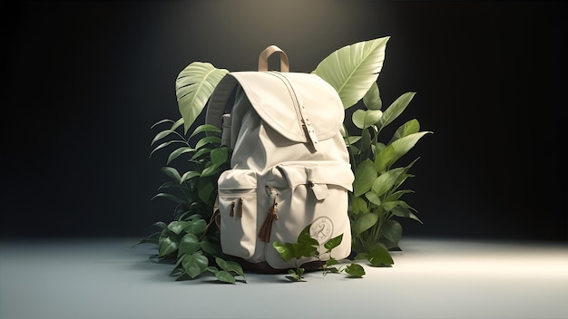 backpack with little plants on dust forest studio background dark center images with ai generate