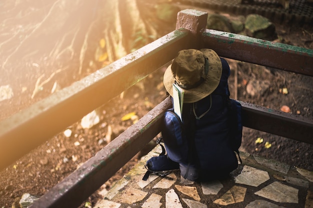 Backpack with map and hat on the floor