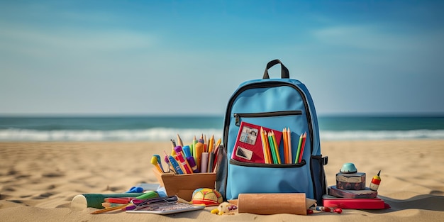 Backpack with school supplies on the beach Back to school concept