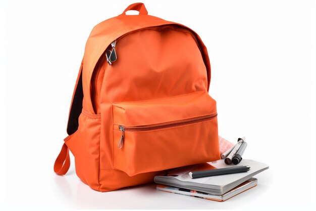 Рюкзак с школьными принадлежностями на белом фоне