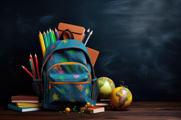 블랙보드 배경에 있는 나무 테이블 위에 학교 용품을 담은 배 Back to school concept Backpack with school supplies on a blackboard background AI Generated